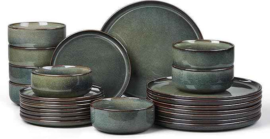 E-far Dinnerware Sets for 8, 24-Piece Stoneware Plates and Bowls Set, Ceramic Dishes Reactive Glaze Dinning Ware, Microwave & Dishwasher Safe - Obsidian Green