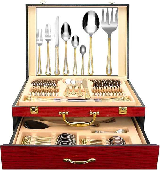 75-Pc Luxury Gold Flatware Set for 12 w/Wooden Storage Case, 24 kt Plated Premium Dining Cutlery Service, 18/10 Surgical Stainless Steel Silverware Hostess Serving Set in a Chest