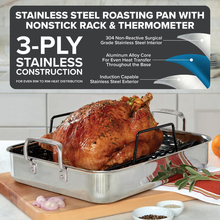 3 Ply Stainless Steel Roasting Pan with Non Stick Rack