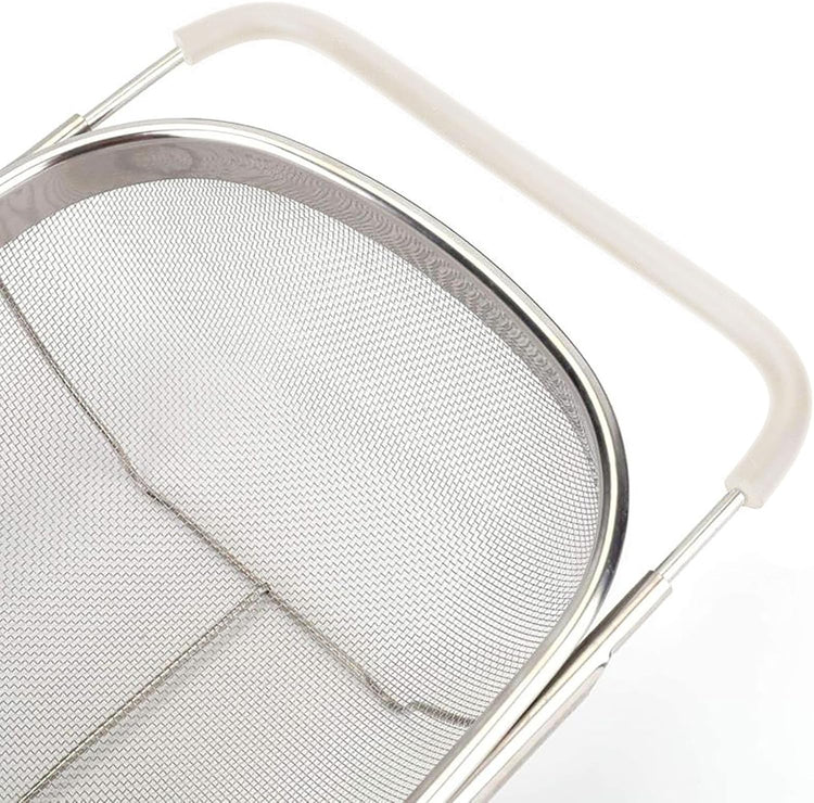 Over The Sink Colander, 6 Quarts Stainless Steel Oval Colander with Expandable Rubber Grip Handle, Fine Mesh Strainer Baskets Kitchen Colander for Strain, Drain, Rinse Vegetables, Fruits, Beige