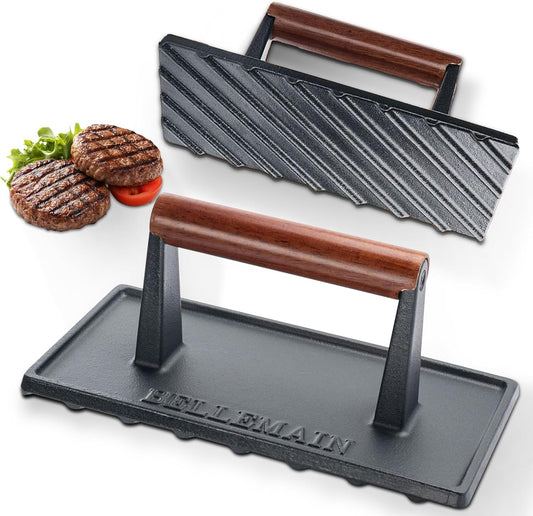 Bellemain Bacon Press Rectangle | Heavy-Duty Cast Iron Grill Press for Perfectly Seared Bacon, Steak & Sandwiches | Equalized Weight Distribution - Nestoria