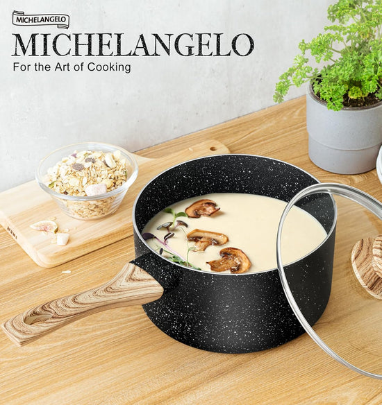MICHELANGELO Saucepan Set with Lid, Nonstick Sauce Pan with Lid 1QT, 2QT & 3QT, Stone Saucepan Sets, Small Sauce Pot with Lid, Granite Sauce pan 3 Piece, Sauce Pots, Black - Nestoria