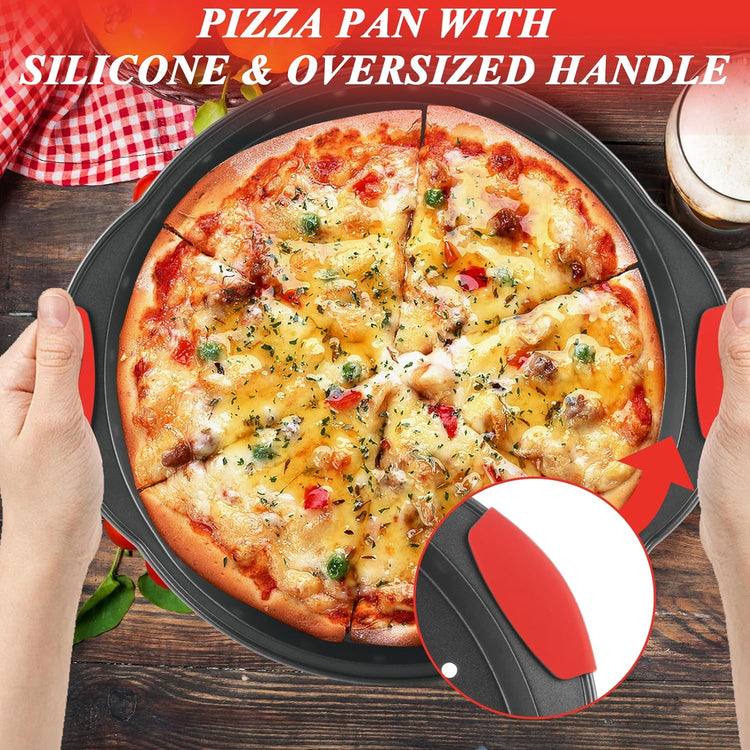 4 Pack Pizza Pan for Oven Round Pizza Pan with Holes & Handle Large Pizza Tray Set Metal Non Stick Pizza Plates Perforated Pizza Baking Sheet Carbon Steel Personal Platter for Grilling Cooking