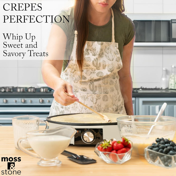 Moss & Stone Beige 12 Inch Electric Griddle & Crepe Maker Machine. Electric Crepe Maker with Adjustable Temperature for Blintzes Pancakes & Tortilla, Non-Stick Crepe Pan & Batter Spreader & Spatula