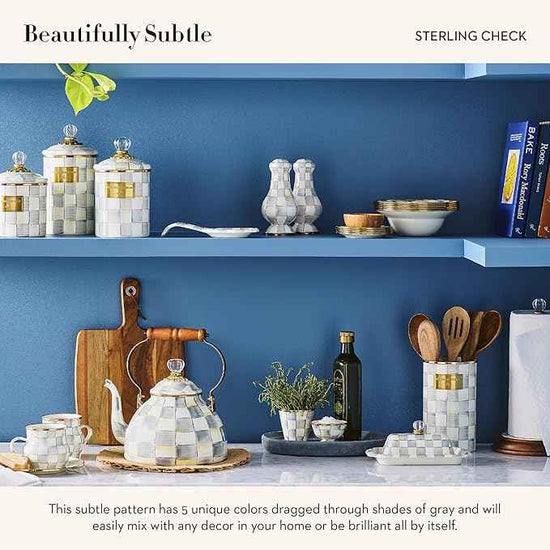 MACKENZIE-CHILDS Enamel Salt and Pepper Shakers, Kitchen Table Spice Shaker Set, Gray-and-White Sterling Check, Large