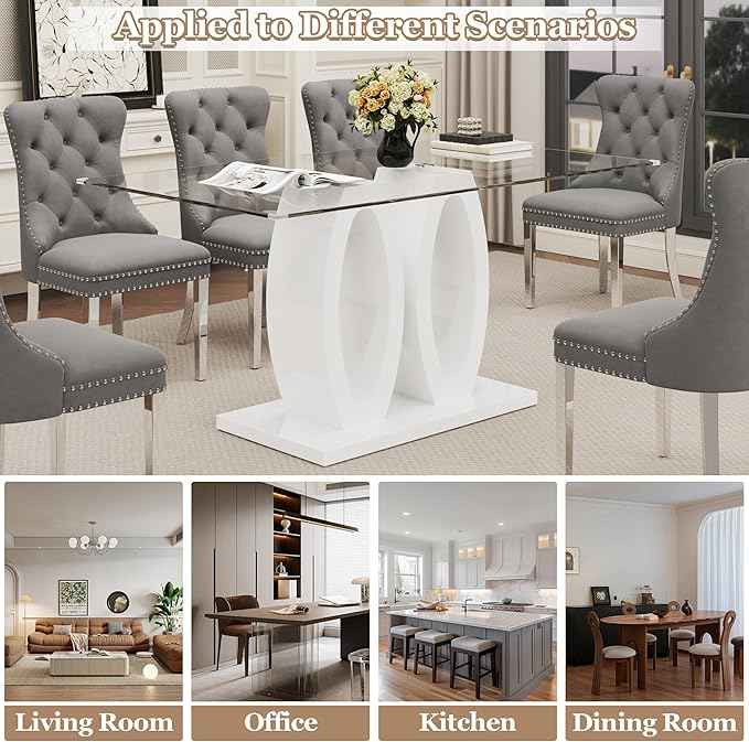 63" Glass Dining Table Set for 6, 7-Piece Rectangular Kitchen Table with Tempered Glass Top, White Double O-Shaped MDF Base, and 6 Grey Velvet Upholstered Chairs for Dining Room, Living Room, Office