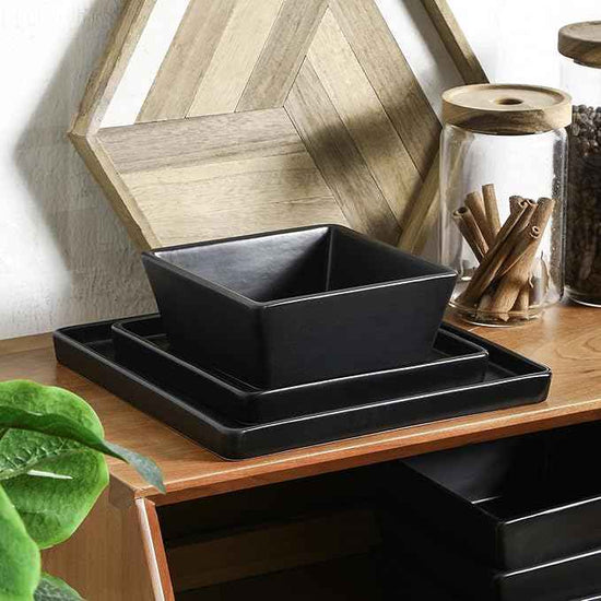 Stone Lain 24 Pieces Stoneware Square Dinnerware Set, Black Matte