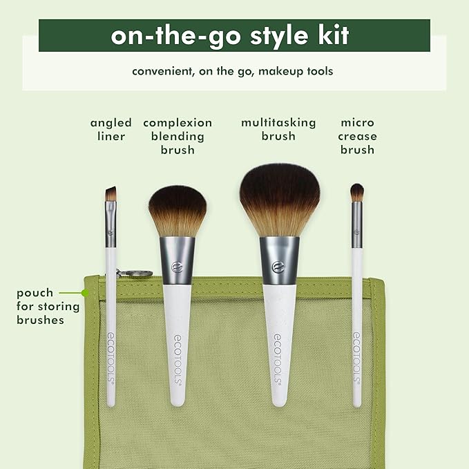 EcoTools On-The-Go Makeup Brush Kit, Travel-Friendly Brush Set, Convenient Makeup Tools for Powders, Blush, Bronzer, & Eyeshadows, Eco-Friendly, Synthetic Bristles, Cruelty-Free & Vegan, 5 Piece Set