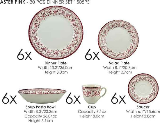 Tudor Royal Collection 30 Piece Round Dinnerware Set, Service for 6, Aster Pink Design, Red Floral, Plates Bowls Saucers Mugs Dishes, High Gloss Premium Quality