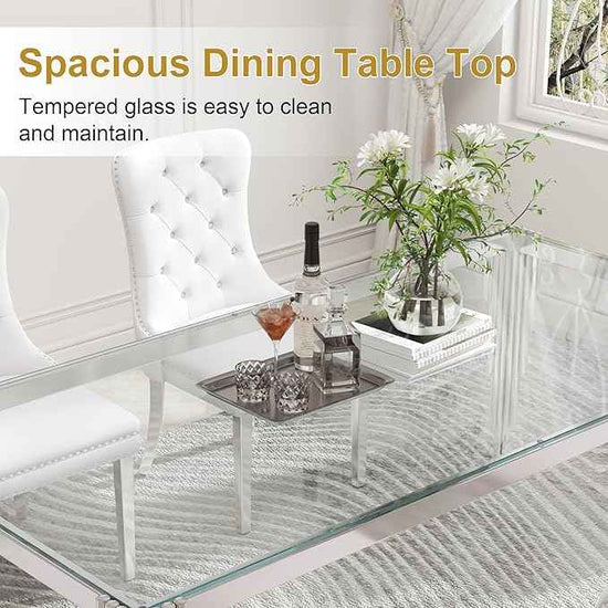78'' Modern Glass Dining Table for 6-8 People,Tempered Glass Top Dining Room Table with Stainless Steel Base, Glass and Silver Dining Table for 6, Rectangle Dining Kitchen Table for Dinner