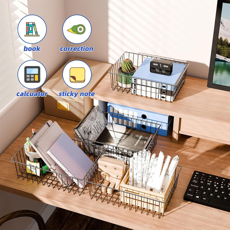 Simple Trending 6 Pack Large Wire Baskets for Organization, Metal Pantry Storage Baskets for Cabinet, Kitchen, Garage, Bathroom, Black