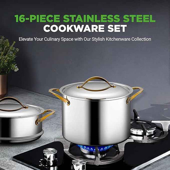 NutriChef 16 Piece Stainless Steel Cookware Set, Induction Cookware with Golden Handles - Non Stick Pots and Pans Set with lids and Utensils - PFOA/PFOS Free, Oven Safe, & Easy to Clean