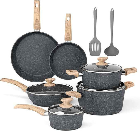 DishDelight Induction Pots and Pans Set, 12 Piece Nonstick Cookware, Granite Cooking Set with Frying Pans, Gray