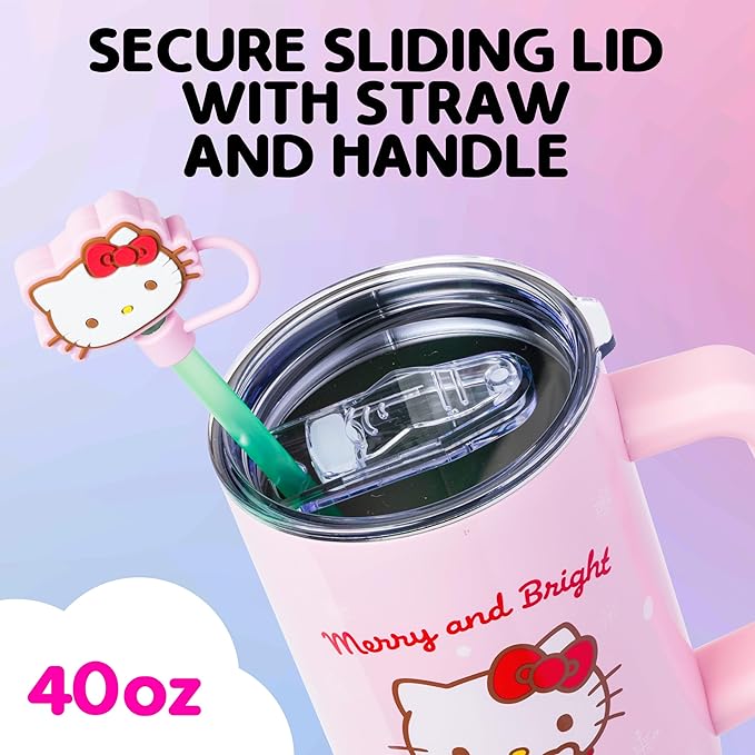 Silver Buffalo Sanrio Hello Kitty Christmas Holiday Sweater Merry and Bright Double Walled Stainless Steel Tumbler with Handle, Straw, and Straw Cap, Fits in Standard Cup Holder, 40 Ounces