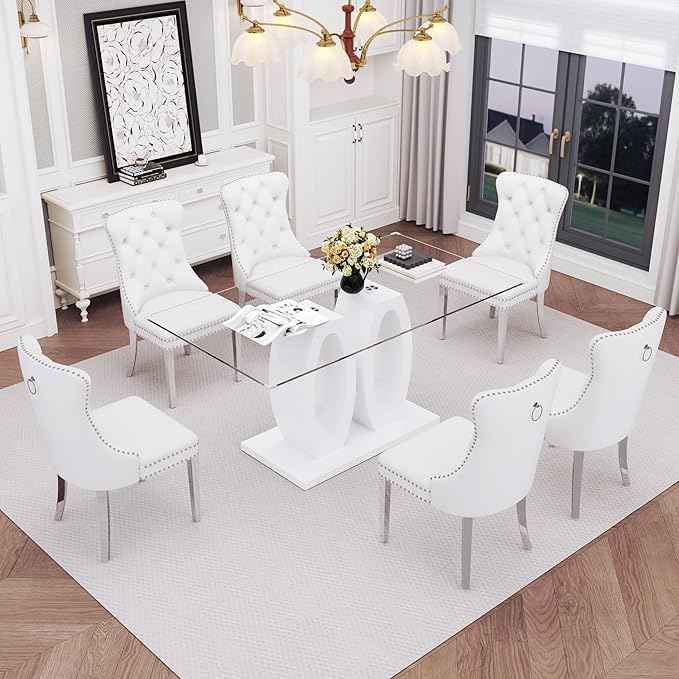 63" Glass Dining Table Set for 6, 7-Piece Rectangular Kitchen Table with Tempered Glass Top, White Double O-Shaped MDF Base, and 6 White Velvet Upholstered Chairs for Dining Room, Living Room, Office