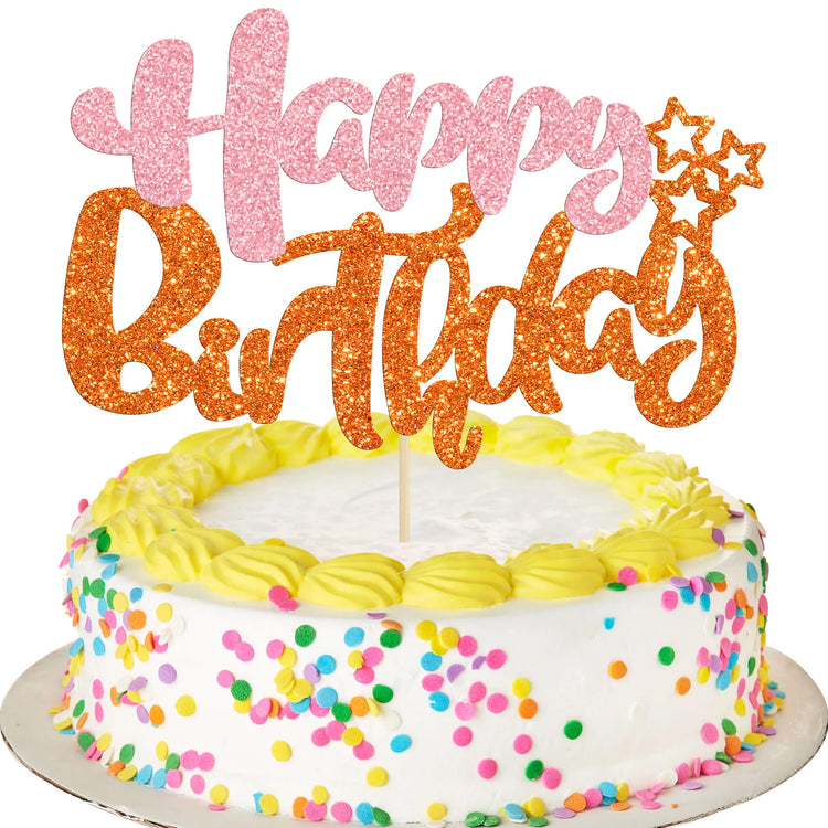 1Pcs Happy Birthday Cake Topper Glitter Cake Pick for Celebrating Anniversary Party Cake Decorations Supplies Pink Orange