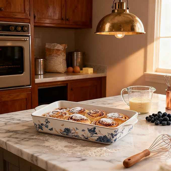 Baking Pans Set of 2 Blue flower 14 inch Ceramic for Oven Large Casserole Baking Dish Set with Handles Porcelain Bakeware Sets Casserole Dish for Oven/Cooking/Kitchen/Cake Dinner/Turkey/Pumpkin/Thanksgiving Holiday Gifts