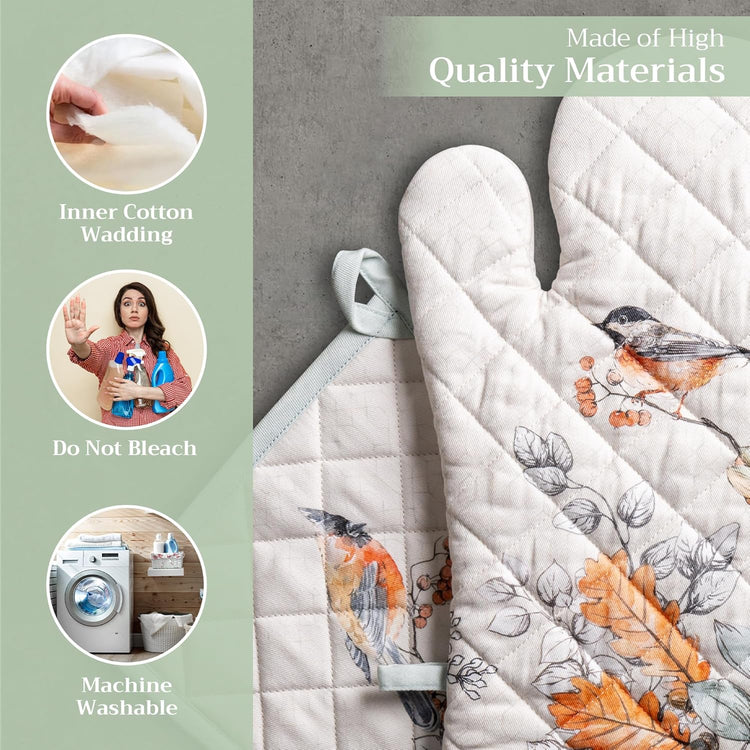 Maison d' Hermine 100% Cotton Oven Mitt & Pot Holder Set (7.5"x13" & 8"x8") Heat Resistant BBQ Cooking Gloves with Loop, Baking, Grilling, Kitchen, Handling Hot Pans (Whitish Shabby Chique)