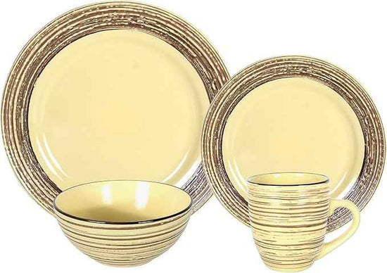 16 Piece Dinnerware Set, Ceramic Plates and Bowls Sets for 4, Microwave and Dishwasher Safe, Handcrafted Tree Bark Series Dish Set, Bamboo