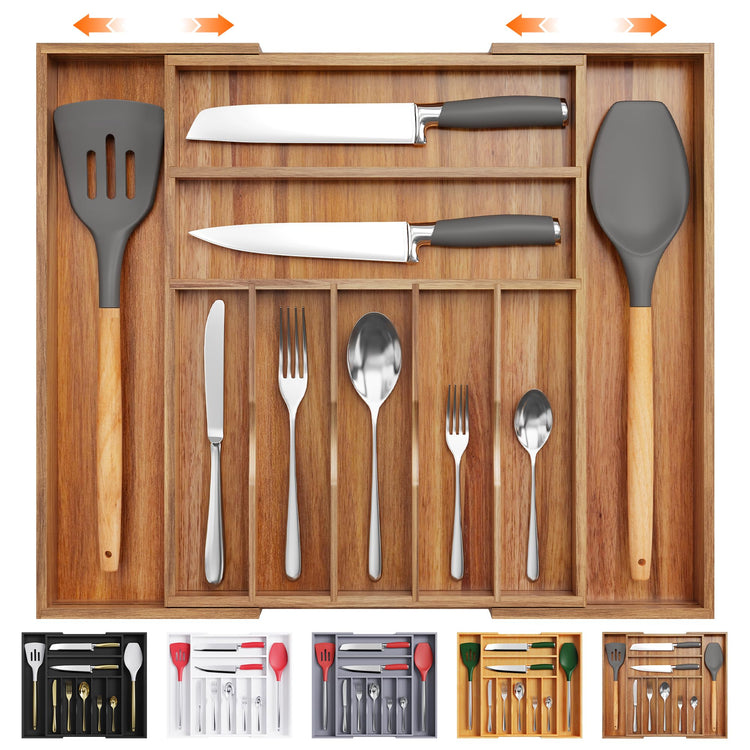 Large Premium Acacia Wood Silverware Organizer
