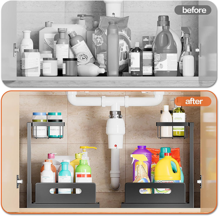 VUSIGN Under Sink Organizer, 2 Tier Pull Out Bathroom Cabinet Organizer, Under Kitchen Sink Organizers and Storage, Under Sink Shelf,1 Pack, Black