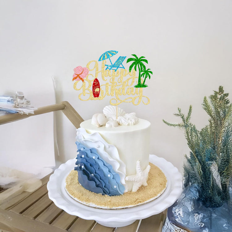 1Pcs Summer Beach Happy Birthday Cake Topper Glitter Ball Tree Umbrella Pool Cake Pick for Hawaiian Holiday Baby Shower Birthday Party Cake Decorations Supplies Gold
