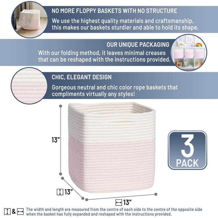 13 Inch Cube Storage Bins Cotton Rope Woven Baskets for Organizing 3 (3 Count)
