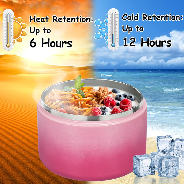 12oz Insulated Vacuum Food Jar with Buckle Lid Wide Mouth Soup Thermo for Hot Food Kids Leakproof Stainless Steel Lunch Container (Gradient Pink, 12OZ)