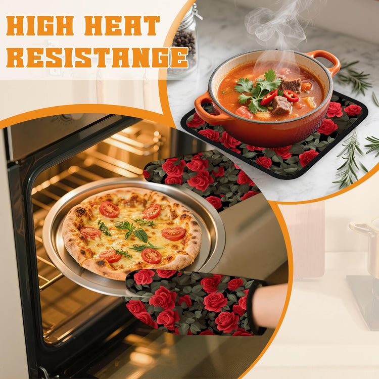 Red Rose Oven Mitts and Pot Holders Set (4 Count)