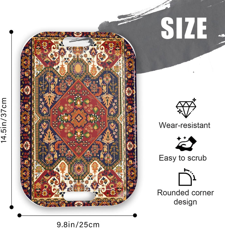 Serving Trays with Handles, 14.5 x 9.8 inch Rectangular Plastic Tray for Restaurant, Kitchen, Dark Red Pattern