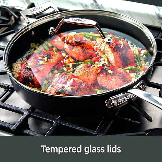 All-Clad Essentials Hard Anodized Nonstick Sauce Pan Set 4 Piece, 8, 10.25 Inch, 4 Quart Oven Broiler Safe 500F Pots and Pans, Cookware Black