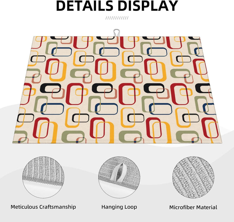 Mid Century Modern Retro Kitchen Drying Mat Vintage Decorative Microfiber Dish Drainer Mat for Kitchen Counter Absorbent Reusable Washable 18x24 Inch
