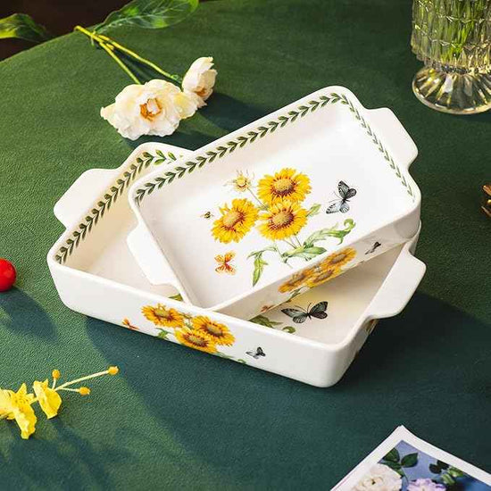 ONCCI In-Glaze Ceramic Baking Dish Set of 2 - Rectangular with Handles,Single Serving Size Casserole dishes 10.8*7.99in & 8.58*6.54inch Sizes - Oven Safe for Cooking, Baking, Casseroles - Dishwasher Safe(Sunflower)
