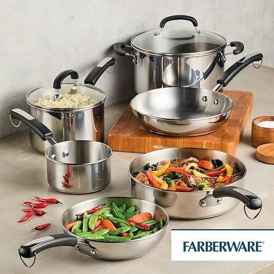 Farberware Brilliance Stainless Steel Cookware Pots and Pans Set with Kitchen Cooking Tools and Glass Lids, 10 Piece, Dishwasher Safe and Induction Ready, Stainless Steel