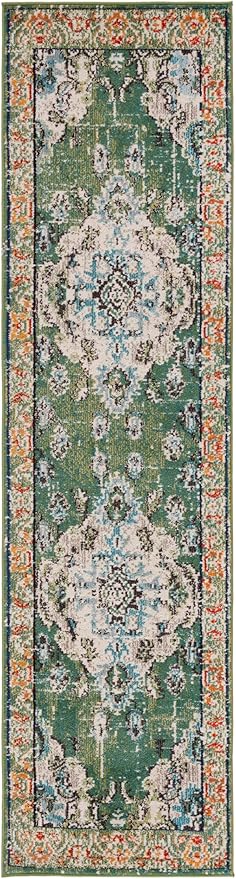 SAFAVIEH Monaco Collection Runner Rug - 2'2" x 22', Forest Green & Light Blue, Non-Shedding & Easy to Clean, Distressed Medallion Design, Ideal for Hallway, Foyer, Entryway, Kitchen, Bedroom (MNC243F)