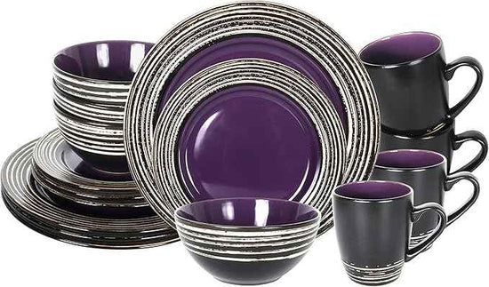 16 Piece Dinnerware Set, Ceramic Plates and Bowls Sets for 4, Microwave and Dishwasher Safe, Handcrafted Tree Bark Series Dish Set, Lavender/Purple