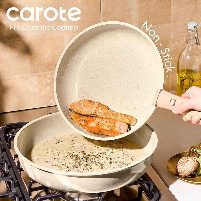 CAROTE 25PCS Ceramic Cookware Set, Pots and Pans set Non Stick, RV Kitchen Cooking Set Removable Handles, Oven Safe, Induction Cookware, Non-toxic Kitchen Cooking Set, PFAS and PFOA Free