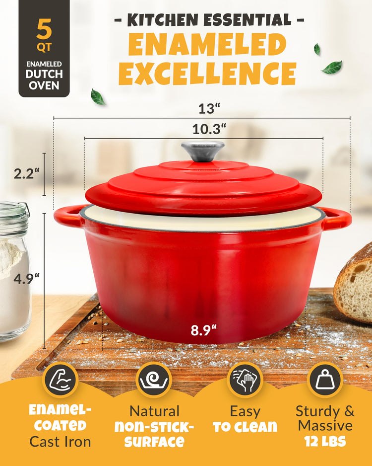 5 QT Enameled Dutch Oven for Bread Baking with Lid & Baking Set