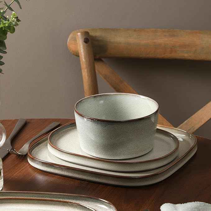 Stone Lain Cairo 12-Piece Dinnerware Stoneware, Plates and Bowls, Microwave and Dishwasher Safe, Includes Dinner and Salad Plates, Cereal Bowls, Dish Set for 4, Grey