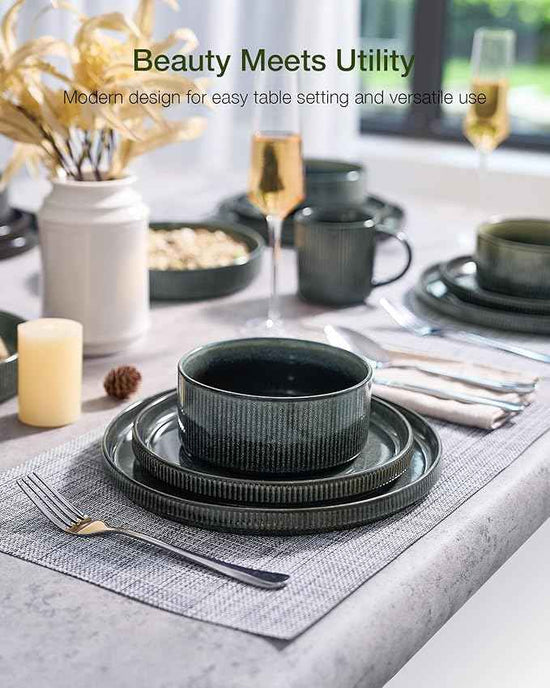 Famiware Star Stoneware Dinnerware Sets for 4 (16pcs), Chip and Scratch Resistant, Microwave & Dishwasher Safe Complete Dishes, Pasta Bowl, Cereal Bowl, Dinner Plate, Salad Plate, Ribbed, Deep Forest