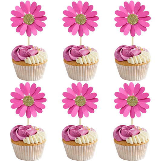 24Pcs Daisy Cupcake Toppers Flower Cake Topper Decorations Daisy Cake Decorations Chrysanthemum Cupcake Toppers Spring Daisy Flower Cake Picks for Birthday Wedding Supplies Rose Red (24 Count)