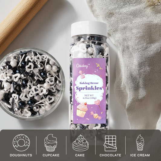 Black and White Heart Sprinkles for Cake Decorating 4.23ounce (4.23 Ounce)