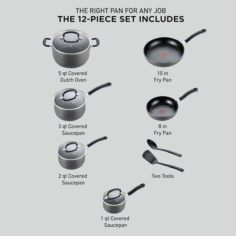 T-fal Ultimate Hard Anodized Nonstick Cookware Set 12 Piece, Oven Broiler Safe 400F, Lid Safe 350F, Kitchen Cooking Set w/Fry Pans, Saucepans, Dutch Oven, Pots and Pans, Dishwasher Safe, Black