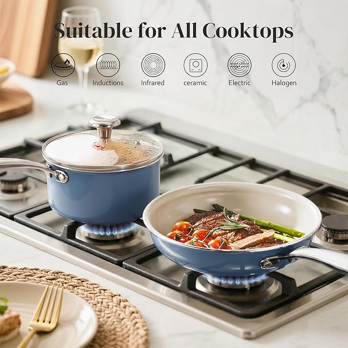 Redchef Sauce Pan Cookware Set, 8" Non-Stick Ceramic Frying Pan & 2.5QT Saucepans with Tempered Glass Lid, Stay-Cool Handle, Non Toxic PTFE & PFOA Free, Oven Safe & Stovetop Suitable, Blue