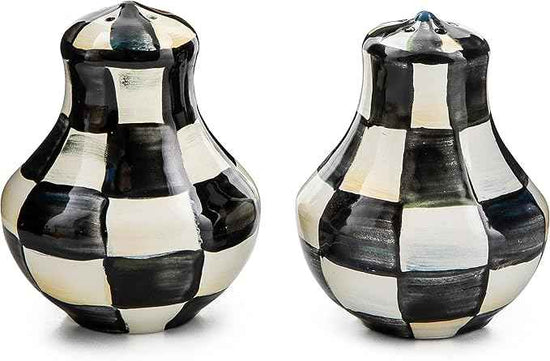 MACKENZIE-CHILDS Enamel Salt and Pepper Shakers, Kitchen Table Spice Shaker Set, Black-and-White Courtly Check, Small