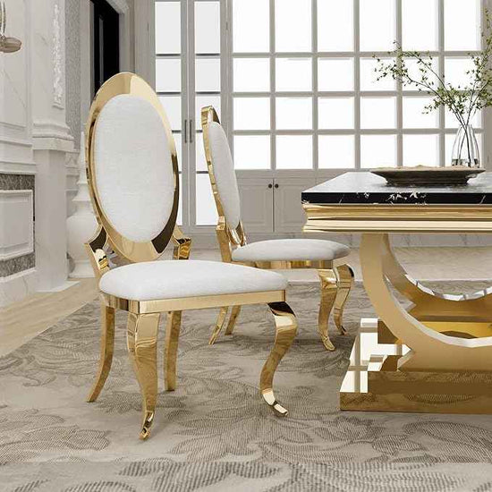 Modern Dining Chairs Set of 2, Luxury Faux Leather Upholstered Armless Dining Room Chair with Mirrored Stainless Steel Gold Legs, Mid Century Accent for Wedding Party Banquet Reception, White