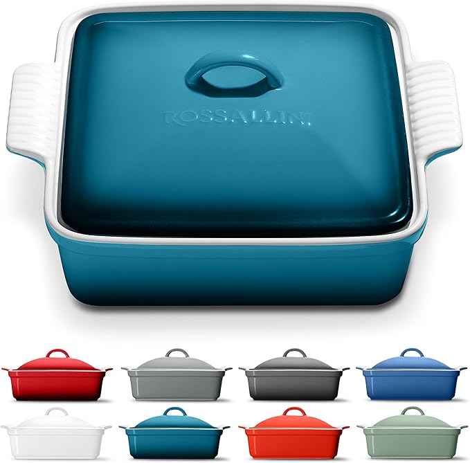 Stoneware Casserole Dish Bakeware with Lid | Covered Square Dinnerware | Large 2.5 Quart, [Ocean Blue]