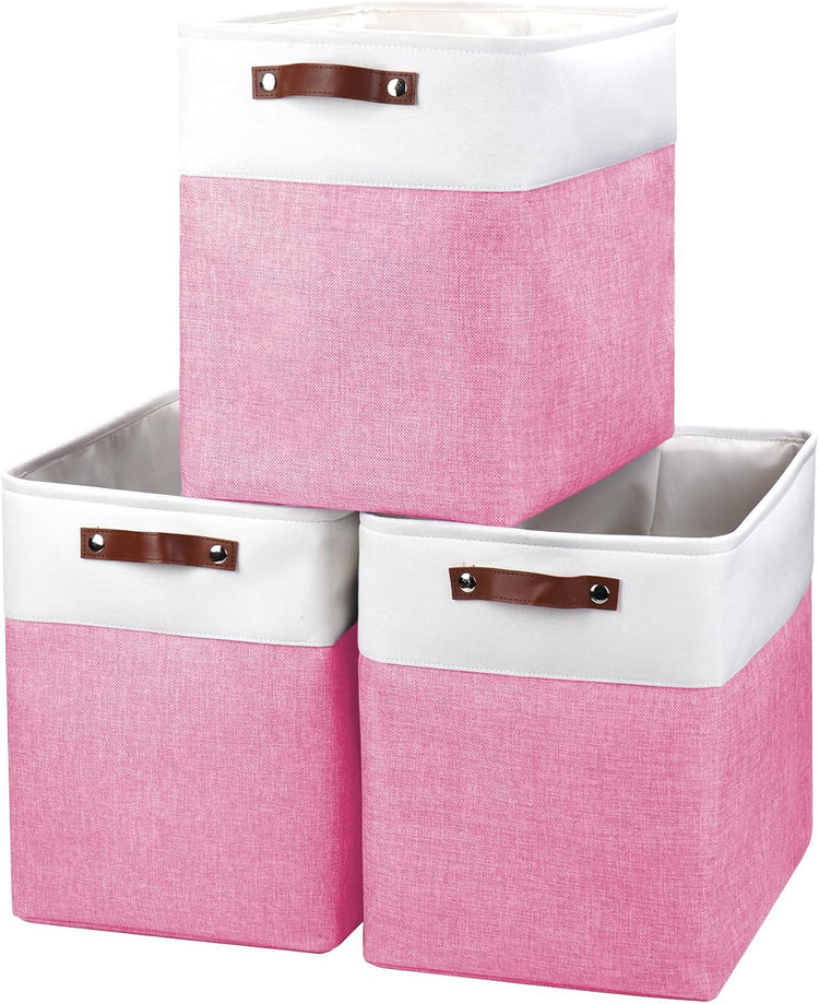 Large Fabric Storage Baskets | 50L Storage Bins, Decorative Linen Closet Baskets with Handles for Organizing, Shelf, Toys, Clothes, Home, Office, Nursery, 17x12x15Inches (Pink&White)