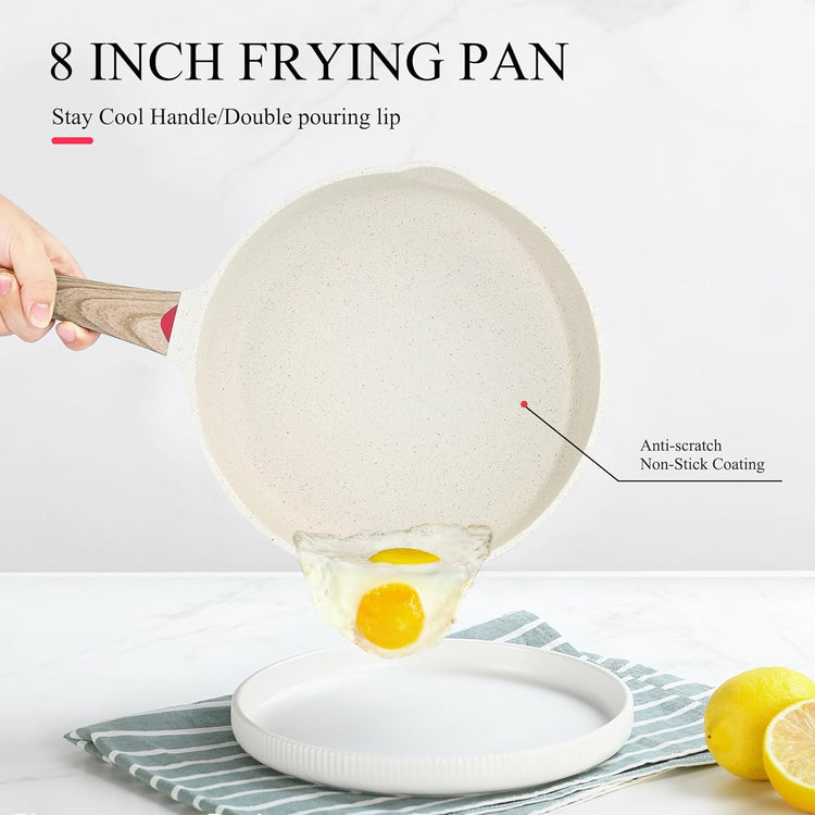 Vinchef 8 Inch White Nonstick Skillet, French Cream Shallow Fry Pan, Induction Compatible, Scratch-Resistant Ceramic Coating - Nestoria