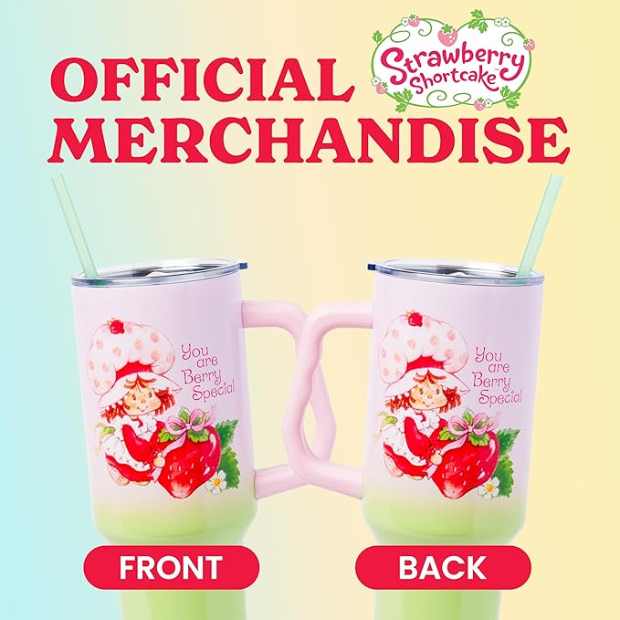 Silver Buffalo Strawberry Shortcake You Are Berry Special Vintage Pink and Green Ombre Double Walled Stainless Steel Tumbler with Handle and Straw, Fits in Standard Cup Holder, 40 Ounces